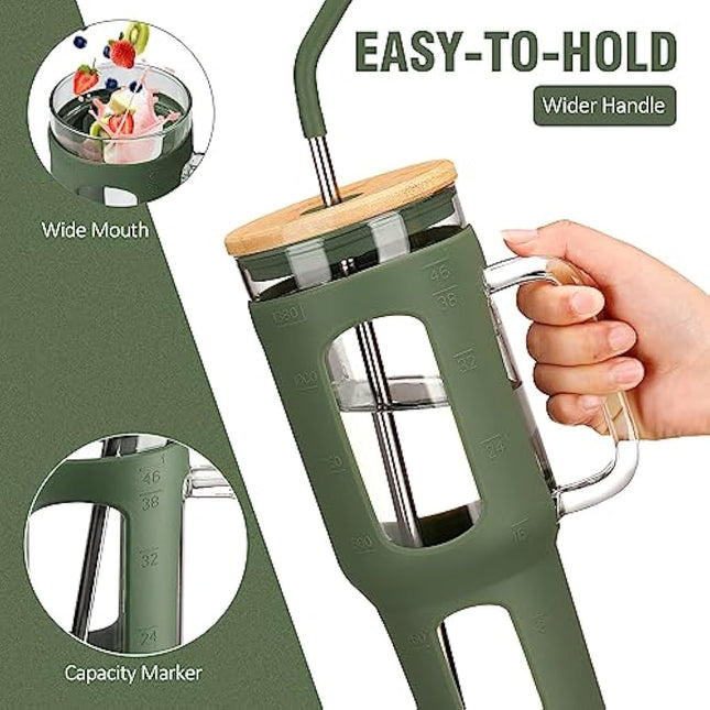 BLUEGO Glass Tumbler with Lid and Straw, 1400ml Iced Coffee Cup with Handle, Glass Water Bottles with Silicone Sleeve, 1.4L Glass Cup with 2 Straws, BPA Free, Olive