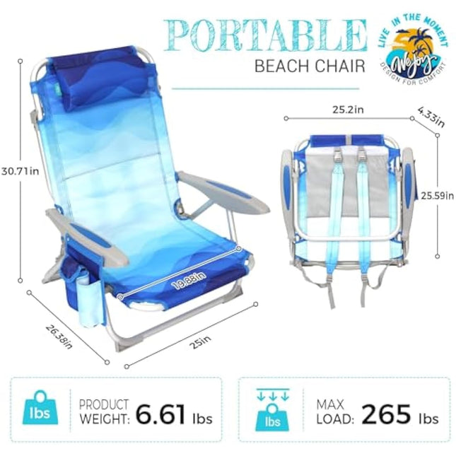 #WEJOY 4-Position Adjustable Beach Chair for Adults, Folding Low Camping Chairs Aluminum Lightweight & Portable, High Back Pillow Pocket Outdoor Reclining Garden Chair