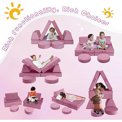 MeMoreCool Kids Play Sofa Bed, Modular Toddler Armchair Couch Chair for Bedroom Playroom, 8-Piece Fold Out Couch Play Set, Creative Baby Couch Children Convertible Sofa, Pink