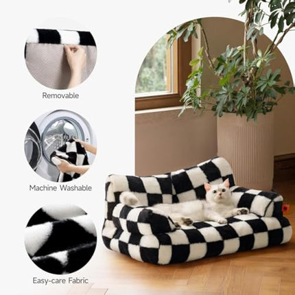 MEWOOFUN Stylish Cat Bed for Indoor Cars Large - Fluffy and Soft Cat Sofa Bed Small Dog Sofa Bed for Dogs and Cats - 66x48cm Cute Cat Bed Couch with Non-slip Bottom, Checkerboard