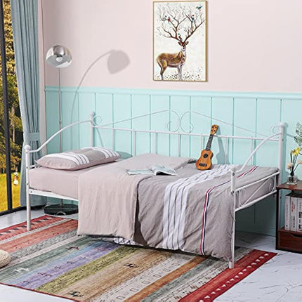 buybyroom Metal Day Bed Frame 90 x 190cm, Single Bed with Headboard and Slatted Frame Single Bed Sofa Bed Day Bed for Bedroom Living Room Guest Room, White