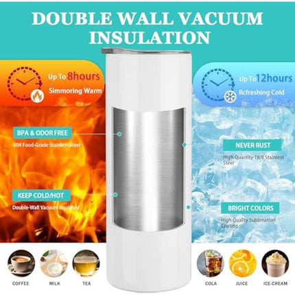 MSYU 10 Pack Sublimation Tumblers Bulk, 20 oz Stainless Steel Straight Skinny Tumbler, White Double Walled Vacuum Tumbler with Straws and Lid for DIY, Memorial Gifts, Individually Boxed