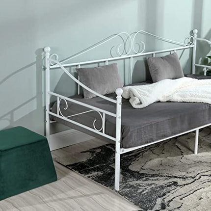 buybyroom Metal Day Bed Frame 90 x 190cm, Single Bed with Headboard and Slatted Frame Single Bed Sofa Bed Day Bed for Bedroom Living Room Guest Room, White