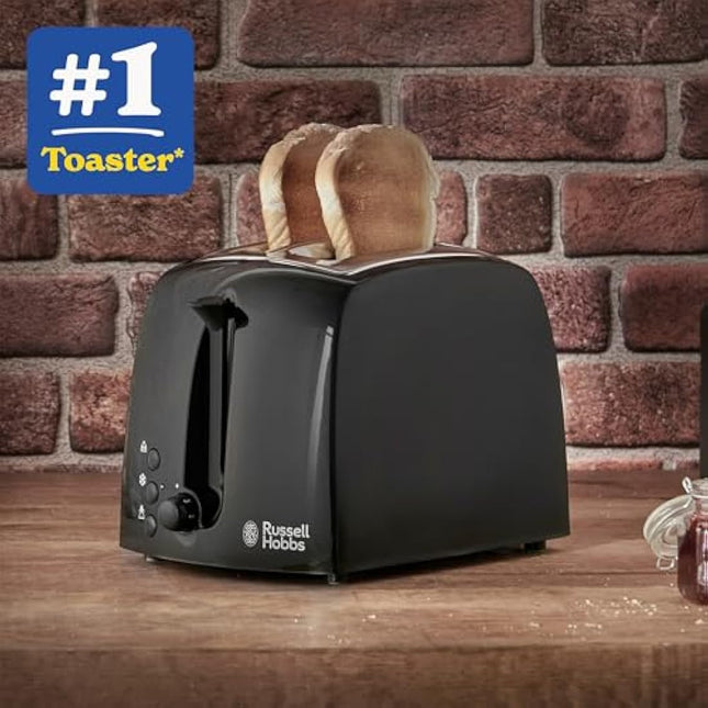 Russell Hobbs Textures 2 Slice Toaster (Extra Wide Slots, 6 Browning levels, Frozen, cancel & reheat function with indicator lights, Removable crumb tray, 850W, Black matt & high gloss finish) 21641