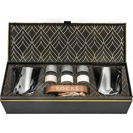 Whiskey Chilling Stones Gift Set - 6 Handcrafted Premium Granite Round Sipping Rocks - 2 Crystal Superior Glasses - Hardwood Presentation & Storage Tray - Elegant Gold Foil Gift Box by R.O.C.K.S.