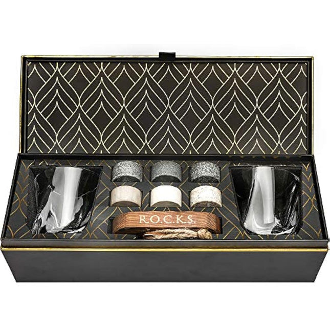 Whiskey Chilling Stones Gift Set - 6 Handcrafted Premium Granite Round Sipping Rocks - 2 Crystal Superior Glasses - Hardwood Presentation & Storage Tray - Elegant Gold Foil Gift Box by R.O.C.K.S.