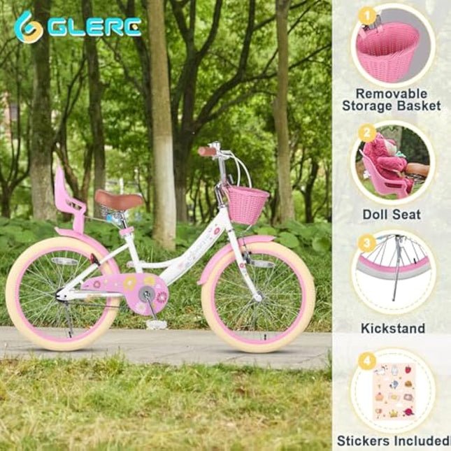 Glerc Maggie 20 Inch Kids Bike for 2-13 Years Old, Girls Bicycle with Doll-Seat & Basket & Stabilisers & Kickstand, Multiple Colors