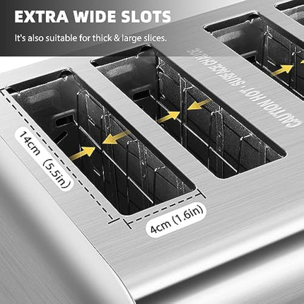 Aigostar Toaster 4 Slice Stainless Steel Toaster with Independent and Extra-Wide Slots, High Lifting, Defrost & Reheat Functions, Variable Browning Settings, Silver - Gordon 30ZGE