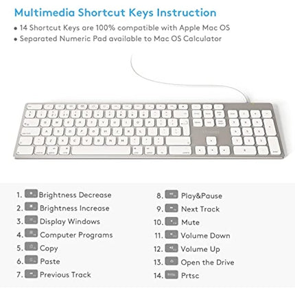 All-Aluminium Wired Keyboard for Apple Mac OS Layout with Numeric Keypad, Durable and Sleek Design, Plug-n-Play Cable Connection in USB-A or USB-C, Compatible with iMac/Mac Mini/MacBook Laptop-Silver
