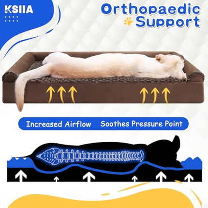 KSIIA Extra Large Dog Bed, XL Orthopedic Dog Sofa Beds with Removable Washable Cover, Waterproof Dog Bed, Pet Sofa Bed with U-Shape Bolster, Brown 111x81x18cm