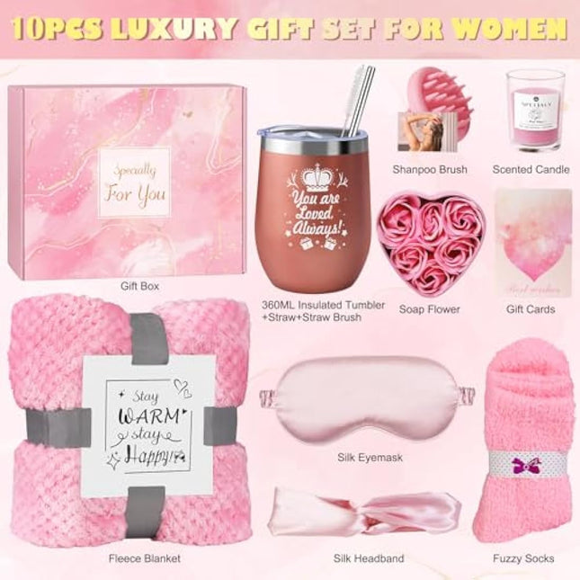 Birthday Gifts for Women, Pamper Gifts for Women, Self Care Gifts Set Birthday Presents Hampers with Flannel Blanket Get Well Soon Gifts Cosy Gifts for ladies, Friends, Mum, Wife, Girls, Sister