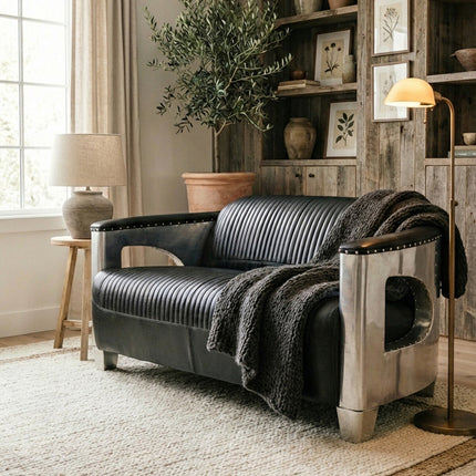 2 Seater Black Leather Sofa, Victor