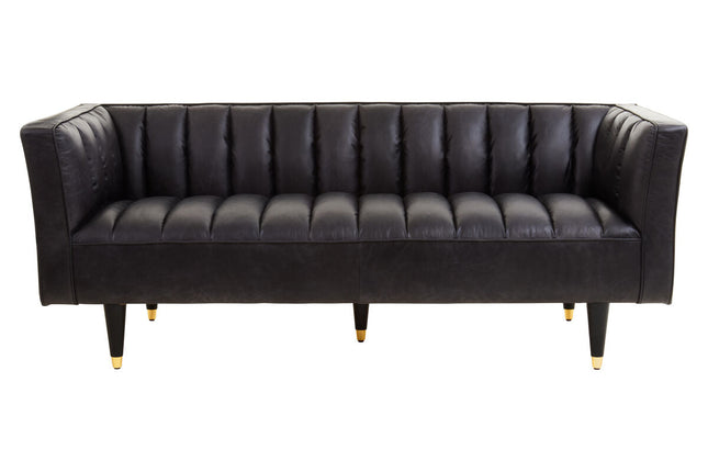 3 Seater Black Leather Sofa with Flared Arms, King
