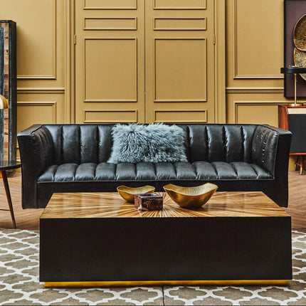 3 Seater Black Leather Sofa with Flared Arms, King