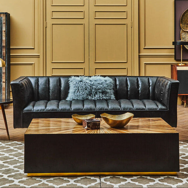 3 Seater Black Leather Sofa with Flared Arms, King