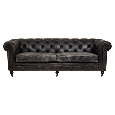 3 Seater Antique Black Chesterfield Leather Sofa, Hoxton