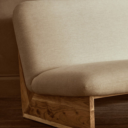 2 Seater Armless Cream Textured Linen Sofa with Wood Base, Parova