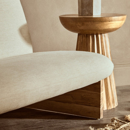 2 Seater Armless Cream Textured Linen Sofa with Wood Base, Parova