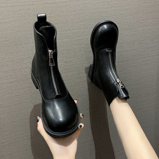 British style front zipper high heel ankle boots