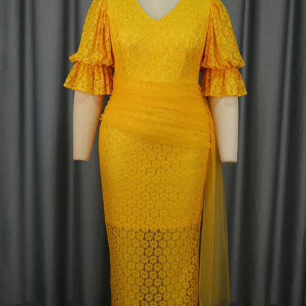 Mlaiscsr Yellow Birthday Prom Floral Lace Puff Sleeve See-Through Midi Dresses