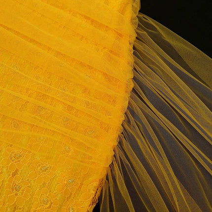 Mlaiscsr Yellow Birthday Prom Floral Lace Puff Sleeve See-Through Midi Dresses