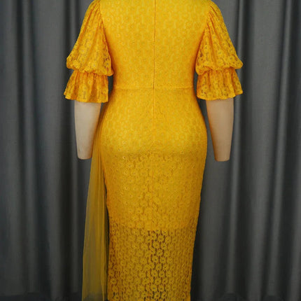Mlaiscsr Yellow Birthday Prom Floral Lace Puff Sleeve See-Through Midi Dresses