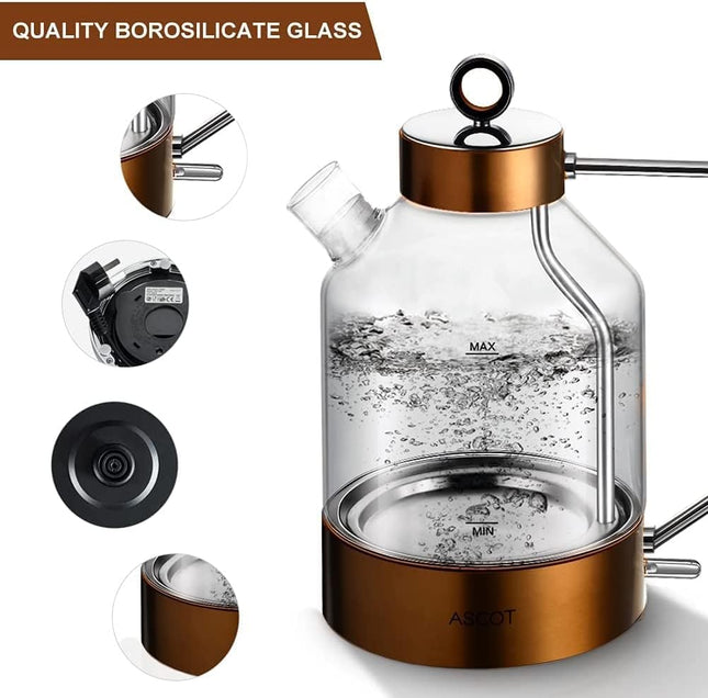 Electric Kettle, ASCOT Glass Electric Tea Kettle 1.5L 2200W Tea Heater & Hot Water Boiler, Borosilicate Glass, Auto Shut-Off and Boil-Dry Protection