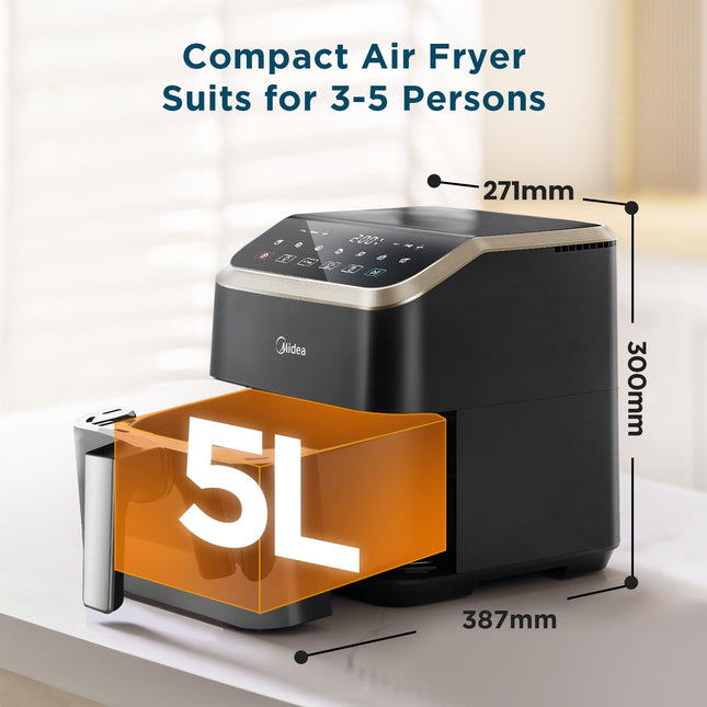Midea Air Fryer with Visible Window 5L, HeatXpress Rapid Air Technology, 90% Less Oil, Energy Saving, 7-In-1 Presets, Non-Stick, Dishwasher Safe,