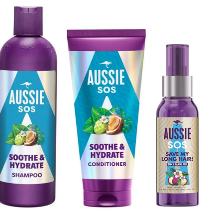 "Aussie SOS Soothe & Hydrate Bundle contains Shampoo 300ml, Conditioner 200ml & Aussie SOS Save My Lengths 3 in 1 Hair Oil 100ml, Leaving It Soft,