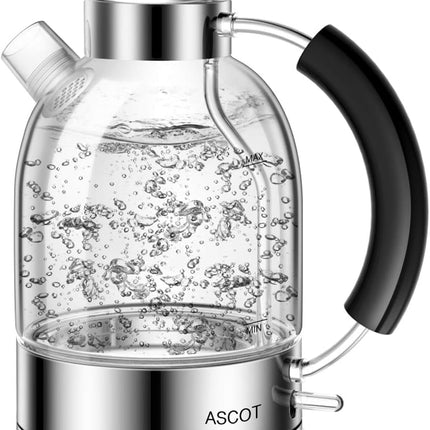 ASCOT Electric Kettle, Glass Electric Tea Kettle, Gift for Man/Women/Family, 1.5L Borosilicate Glass Tea Heater & Hot Water Boiler, Auto Shut-Off