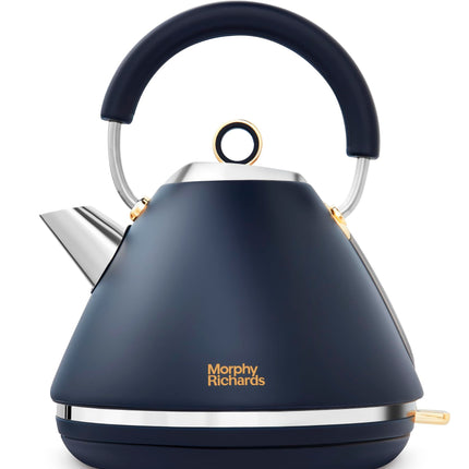 Morphy Richards Accents Pyramid Kettle, 1.5L, Cordless Base, Concealed Element, Water Window, Lid with Ring Pull, 3KW, Navy/Gold, 102045