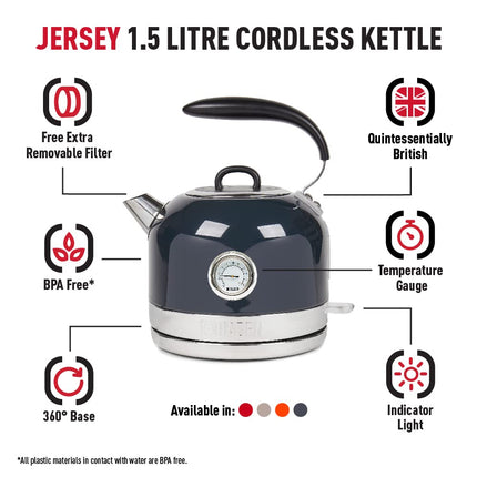 Haden Jersey Blue Electric Kette - 1.5l Capacity, 3000w Rapid Boil Kettle, 360 Swivel Base, Ergonomic Handle, Bpa-free Stainless Steel Kettle -