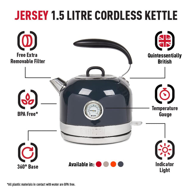 Haden Jersey Blue Electric Kette - 1.5l Capacity, 3000w Rapid Boil Kettle, 360 Swivel Base, Ergonomic Handle, Bpa-free Stainless Steel Kettle -