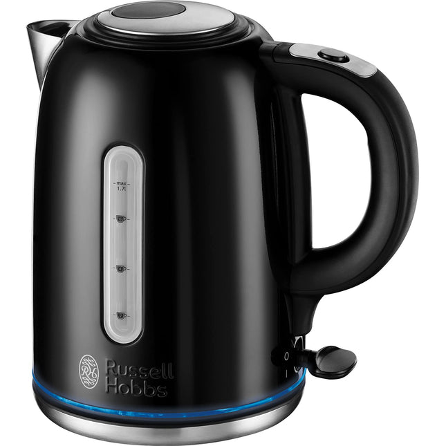 Russell Hobbs Black Stainless Steel Electric 1.7L Cordless Kettle (Quiet & Fast Boil 3KW, Removable washable anti-scale filter, Push button lid,