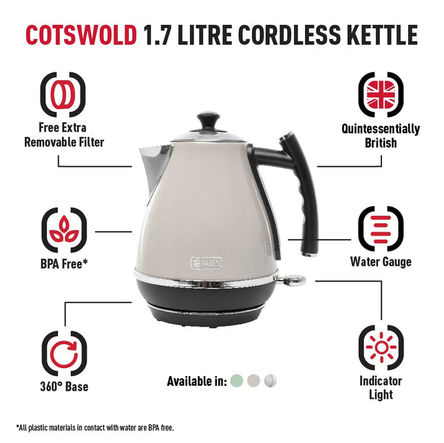 Haden Cotswold Putty Kettle - Premium 1.7L Stainless Steel Electric Kettle with Rapid Boil, Cordless Base, Boil-Dry Protection, and Removable Filter -