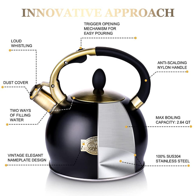 SUSTEAS Stove Top Whistling Tea Kettle-Surgical Stainless Steel Teakettle Teapot with Cool Touch Ergonomic Handle, with 1 Silicone Pinch Mitt