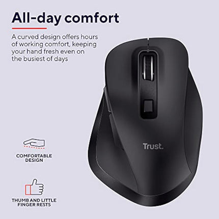 Trust Fyda Rechargeable Wireless Mouse Made With Recycled Materials, 800-2400 DPI, 6 Buttons, Thumb Rest, Comfort Cordless Ergonomic Mouse for Laptop, PC, Mac, Work, Home Office - Black