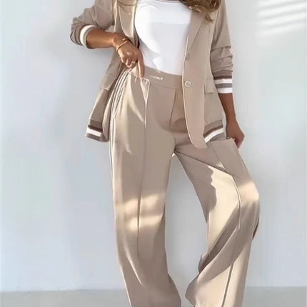 2 Pcs Set Women Suit Coat Pants Suit Lapel Long Sleeves Lady Jacket Wide Leg High Waist Trousers Female Commuting Office Outfit