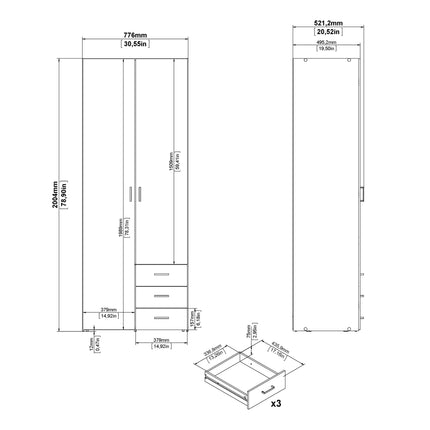 Space Wardrobe - 2 Doors 3 Drawers in White 2000