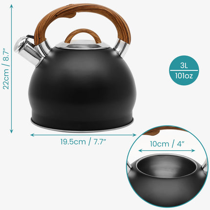 Belle Vous Black Whistling Tea Kettle - 3L Tea Pot for Stovetop/Induction Stove Hob - Stainless Steel Hot Water Camping Kettle Teapot for Tea/Coffee