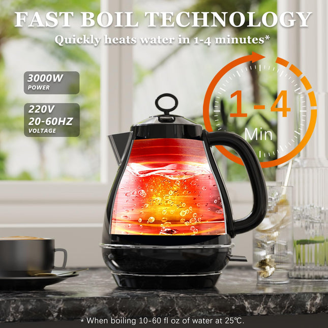 Anfilank Electric Kettles Fast Boil 3000W, 1.7L Stainless Steel Kettle, BPA Free, Auto Shut-Off and Boil-Dry Protection, Black