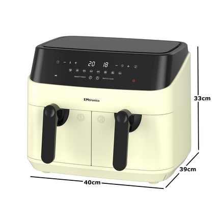 EMtronics EMAFDD9LCR Dual Air Fryer Extra Large Family Size Double XL 9 Litre with 8 Adjustable Pre-Set Menus for Oil Free & Low Fat Healthy Cooking,