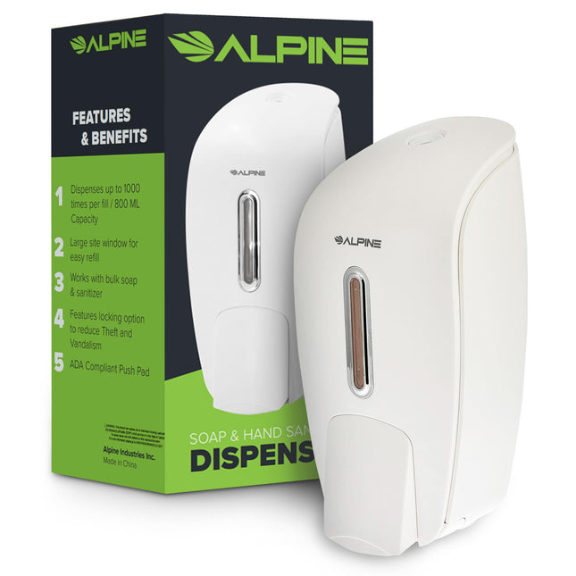 (White) - Alpine Industries Liquid Soap & Hand Sanitizer Dispenser, Surface Mounted, 800 ml Capacity (White)