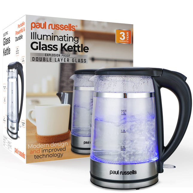 Paul Russells Electric Kettle, Quiet fast Boil, Double Layer Glass,3000W 1.5L with Blue LED, Boil-Dry Protection, Stainless Steel plate, Fast Boil Hot