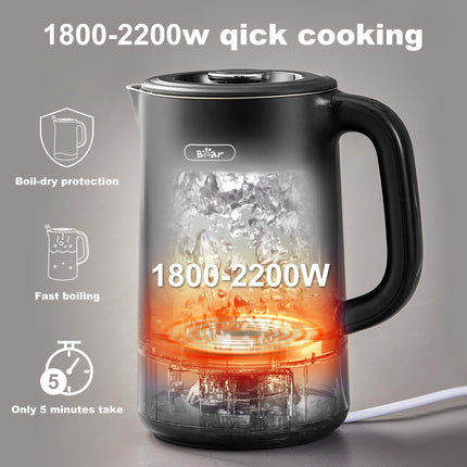 Bear 1.7L Electric Kettle with 6 Temperature Settings, 1800-2200W, Auto shut-off, Microprocessor Touch Panel, BPA Free, Dry Boil Protection, Fast