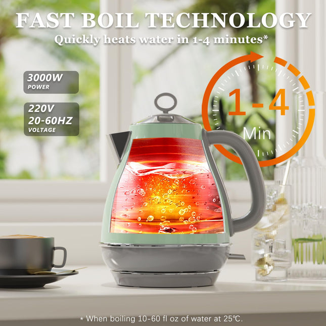 Anfilank Electric Kettle, Stainless Steel 1.7L, Rapid Boil 3000W, BPA Free, Auto Shut-Off and Boil-Dry Protection, Green