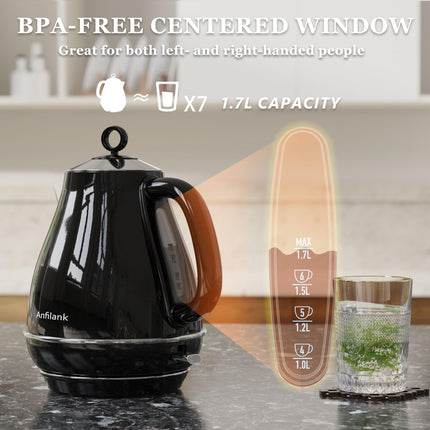 Anfilank Electric Kettles Fast Boil 3000W, 1.7L Stainless Steel Kettle, BPA Free, Auto Shut-Off and Boil-Dry Protection, Black