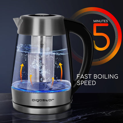 Aigostar Electric Glass Kettle with Variable Temperature, Keep-Warm, Detachable Tea Filter Infuser, Auto Shut-Off & Boil-Dry Protection, 2200W, 1.7L,
