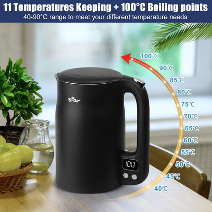 Bear Electric Kettle 1.7L 40C~100C 12 Temperatures Control Kettle Digital Display with Keep Warm Function,1800w 304 Stainless Steel Fast Boil Black
