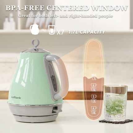 Anfilank Electric Kettle, Stainless Steel 1.7L, Rapid Boil 3000W, BPA Free, Auto Shut-Off and Boil-Dry Protection, Green